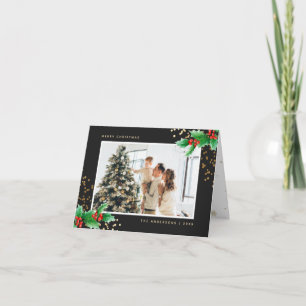 Holly Berries Black Gold Snowflake Photo Christmas Holiday Card