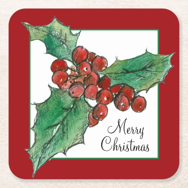 Holly Berries Botanical Plant Art Merry Christmas Square Paper Coaster (Front)