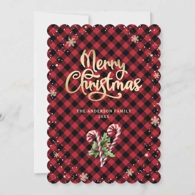 Holly Berries Candy Cane Snowflake Merry Christmas Holiday Card (Front)