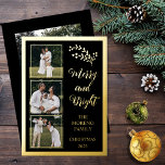 Holly | Berries Christmas 4 Photo Merry and Bright Foil Holiday Card<br><div class="desc">This four-photo design is designed entirely in gold foil (or choose silver or rose gold) text and accents with gold foil holly and berries to pair with the "Merry and Bright" editable greeting. Features three smaller square photos on front left top to bottom with a larger single photo on back....</div>