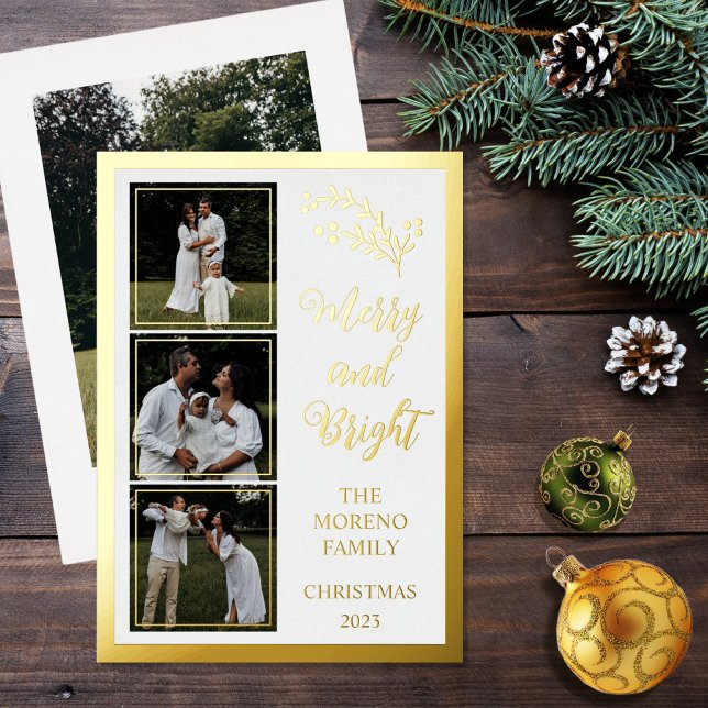 Holly | Berries Christmas 4 Photo Merry and Bright Foil Holiday Card (Boho chic minimalist four-photo collage "Merry and Bright" white and gold foil holiday card)