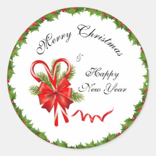 Holly Berries Christmas and Candy Canes Classic Round Sticker