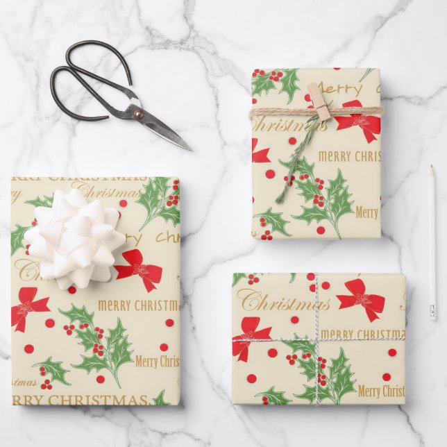 Holly Berries Christmas Decoration Wrapping Paper Sheet (Front)