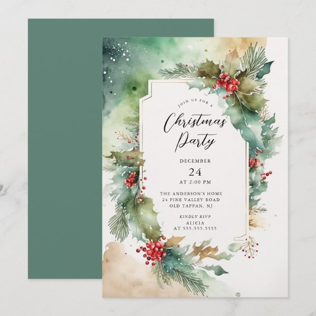 Holly & Berries Christmas Party Invitation (Front/Back)
