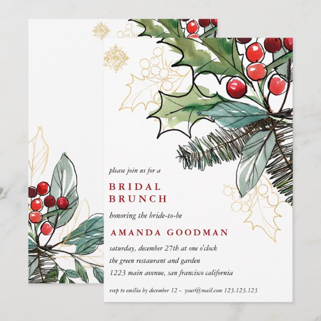 Holly Berries Christmas Wedding Bridal Brunch Invitation (Front/Back)