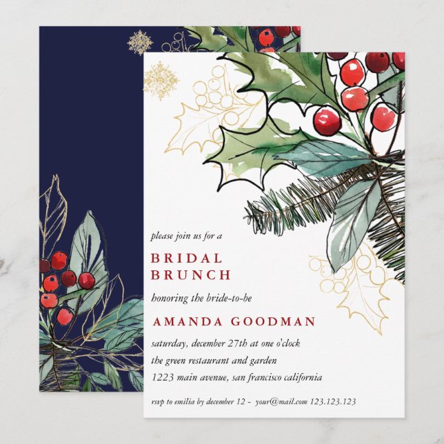 Holly Berries Christmas Wedding Bridal Brunch Invitation (Front/Back)