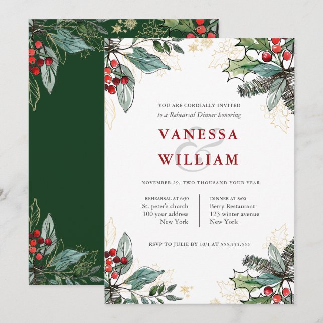 Holly Berries Christmas Wedding  Rehearsal Dinner Invitation (Front/Back)