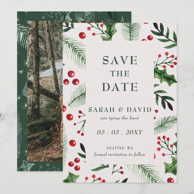 Holly Berries Christmas Winter Photo Save The Date (Front/Back)