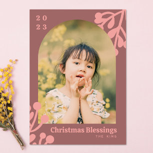 Holly Berries Dusty Pink Christmas Photo Arch Holiday Card