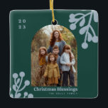 Holly Berries Emerald Christmas Photo Arch Ceramic Ornament<br><div class="desc">Your custom photo in arch shape with emerald background and blue grey holly berry designs at top right and bottom left with blue grey text.</div>
