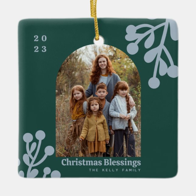 Holly Berries Emerald Christmas Photo Arch Ceramic Ornament (Front)