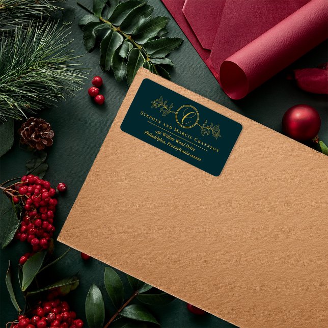 Holly | Berries Faux Gold Monogram Return Address Label (Elegant Holly and Berries Faux Gold Monogram Address Return Address Label - Dk Teal | Gold Tone)