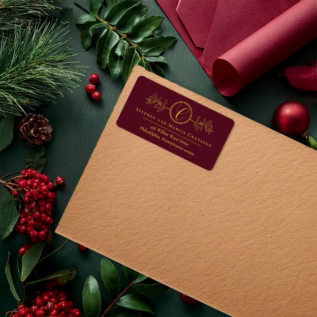 Holly | Berries Faux Gold Monogram Return Address Label (Elegant Holly and Berries Faux Gold Monogram Address Return Address Label - Dk Cranberry | Gold Tone)