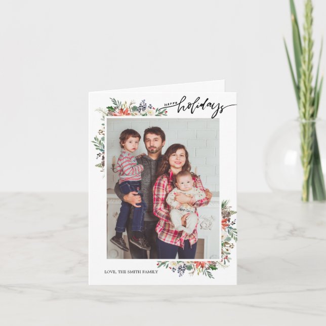 Holly Berries & Floral Season's Greetings 2 Photo Holiday Card (Front)