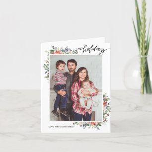 Holly Berries & Floral Season's Greetings 2 Photo Holiday Card