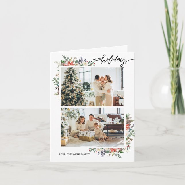 Holly Berries & Floral Season's Greetings 3 Photo Holiday Card (Front)
