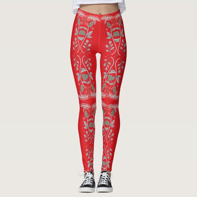 Holly Berries Flower Frame Leggings (Front)