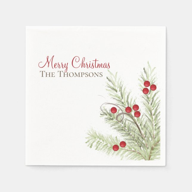 Holly Berries Foliage Pine Greenery Watercolor Napkin (Front)