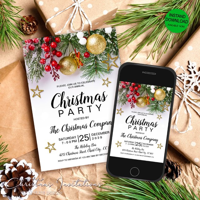Holly Berries Gold Baubles Stars Christmas Party Invitation (Creator Uploaded)