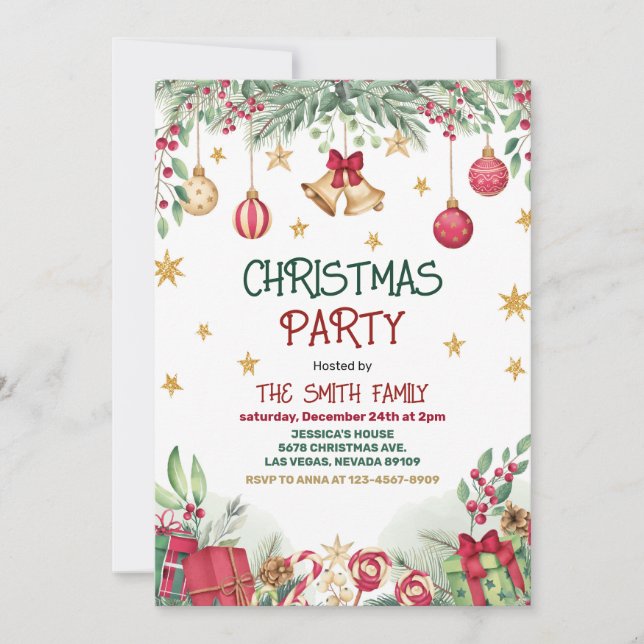 Holly Berries Gold Baubles Stars Christmas Party Invitation (Front)