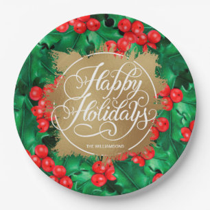 Holly Berries Gold Faux Foil Holiday Paper Plate