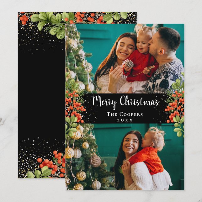 Holly Berries Gold Glitter Merry Christmas 2 Photo Holiday Card (Front/Back)