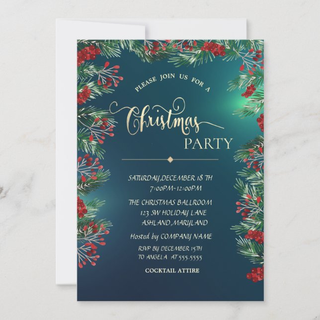 Holly Berries Gold Green Company Christmas Party Invitation (Front)