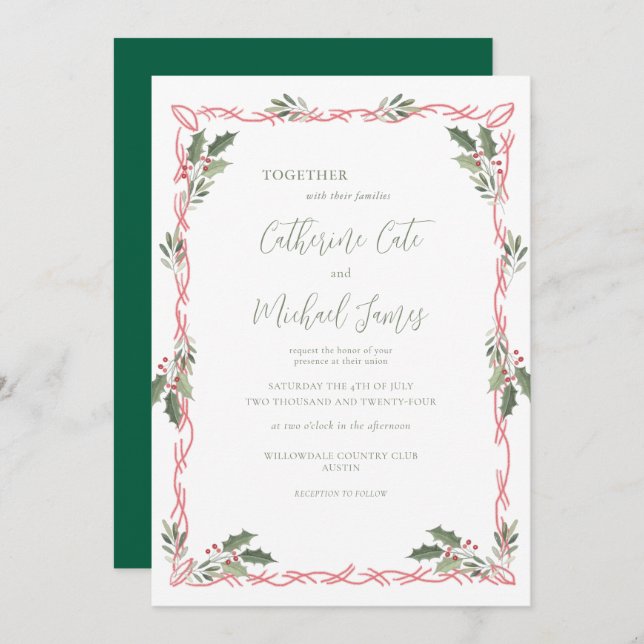 Holly Berries Green Christmas Theme Wedding Invitation (Front/Back)
