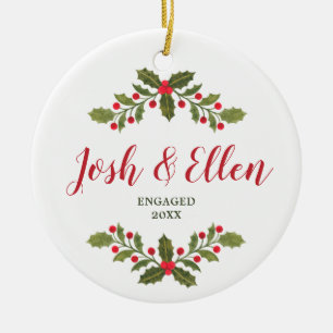 Holly Berries Greenery Personalised Engagement Ceramic Tree Decoration