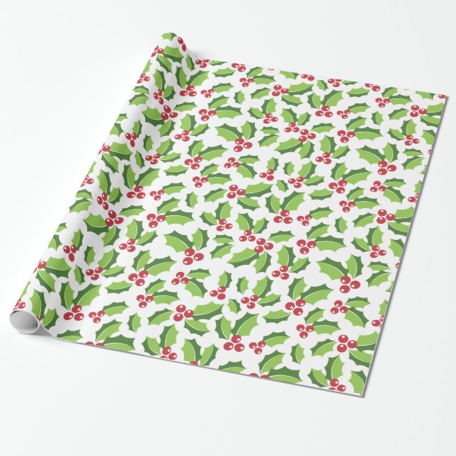 Holly Berries Holly Leaves Mistletoe Holiday Wrapping Paper (Unrolled)
