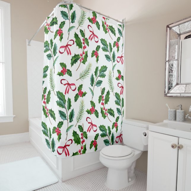 Holly Berries Holly Leaves Mistletoe Holiday Xmas Shower Curtain (In Situ)