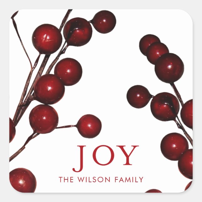Holly Berries Joy Christmas Holiday Square Sticker (Front)