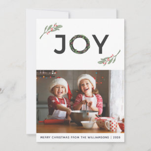 Holly Berries Joy Merry Christmas One Photo  Holiday Card