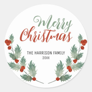 Holly Berries Leaf Greenery Christmas  Classic Round Sticker