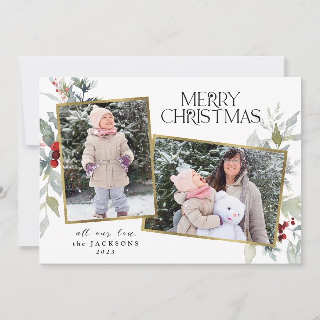 Holly Berries Merry Christmas 2 Photo Collage Holiday Card (Front)