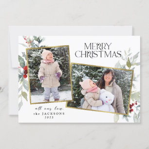 Holly Berries Merry Christmas 2 Photo Collage Holiday Card