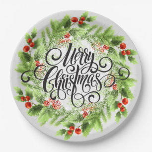 Holly Berries Merry Christmas Paper Plate