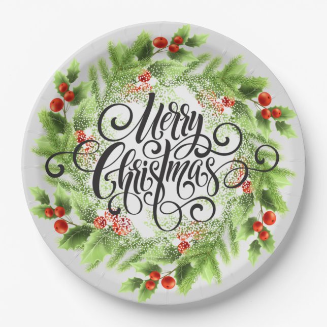 Holly Berries Merry Christmas Paper Plate (Front)