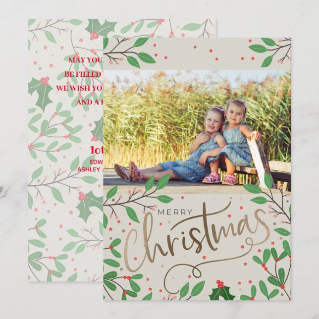 Holly Berries Merry Christmas Photo Holiday Card (Front/Back)