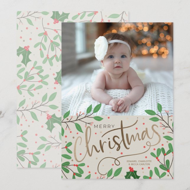Holly Berries Merry Christmas Photo Holiday Card (Front/Back)