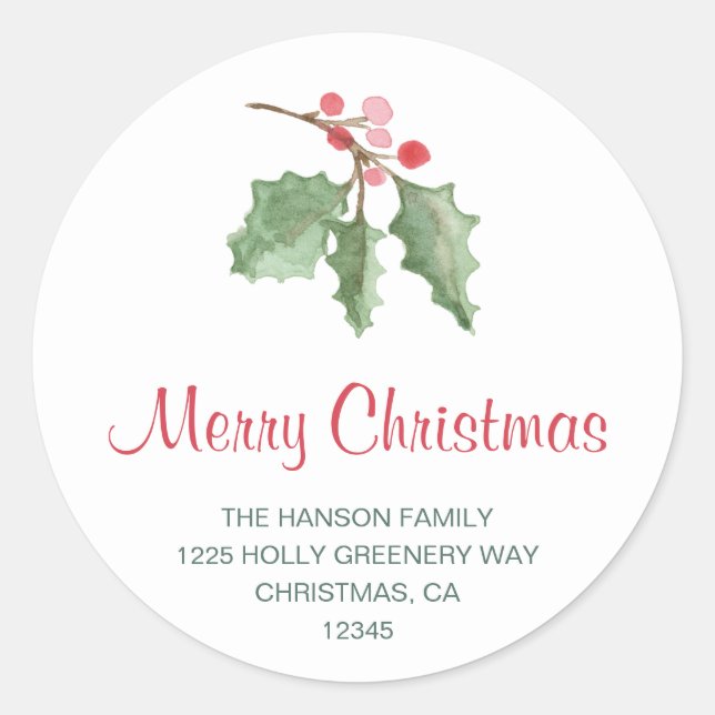Holly Berries Merry Christmas Return Address Classic Round Sticker (Front)