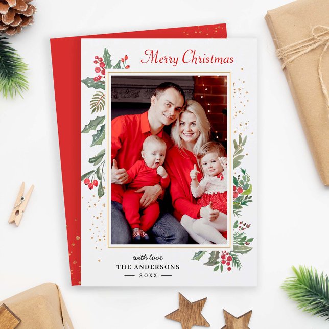 Holly Berries Mistletoe Chic Merry Christmas Photo Holiday Card (Creator Uploaded)