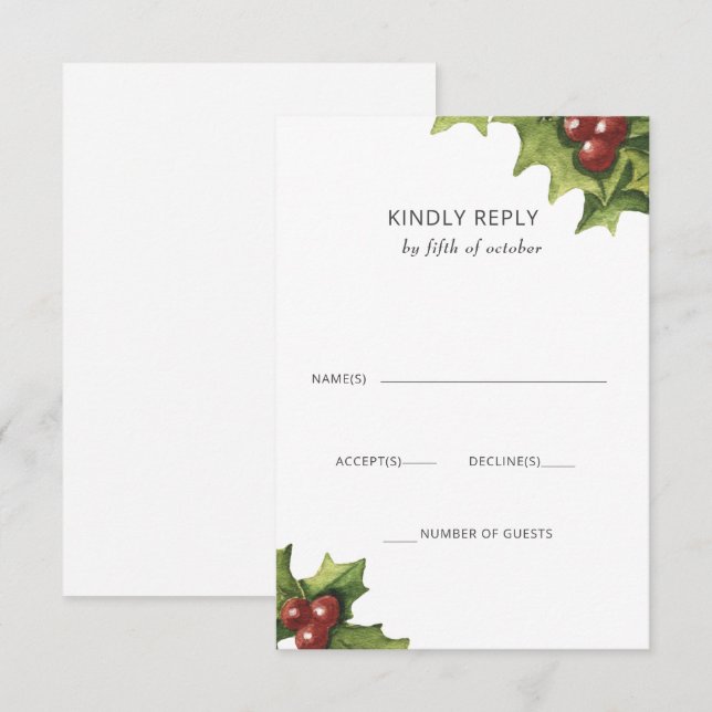 Holly Berries Monogram Winter Wedding RSVP Card (Front/Back)