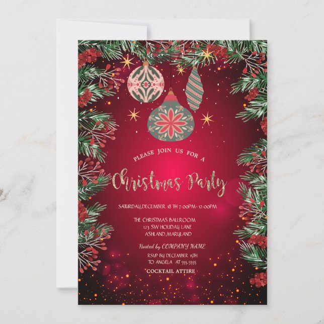 Holly Berries Ornaments Red Company Christmas  Invitation (Front)