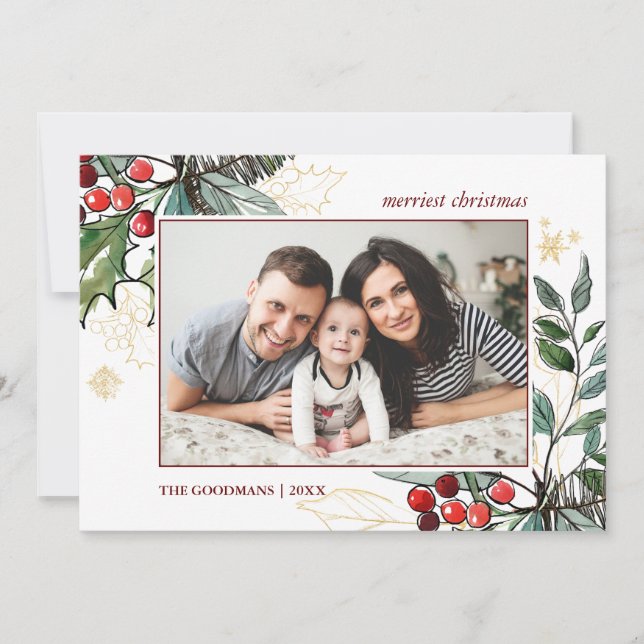 Holly Berries Outlined Christmas photo Holiday Card (Front)