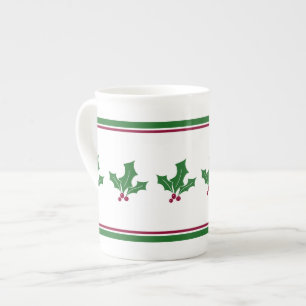 Holly Berries Pattern, Red and Green Trim Bone China Mug