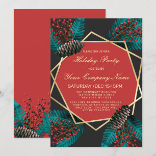 Holly Berries Pine Cone Bouquet Corporate Holiday Invitation