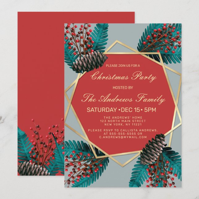 Holly Berries Pine Cone Bouquet Gold Geo Christmas Invitation (Front/Back)