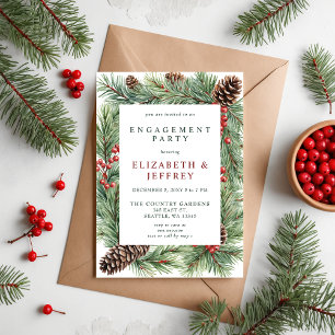 Holly Berries Pine Cone Christmas Engagement Party Invitation