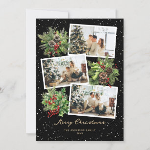Holly Berries Pine Cones Black Photo Christmas Holiday Card